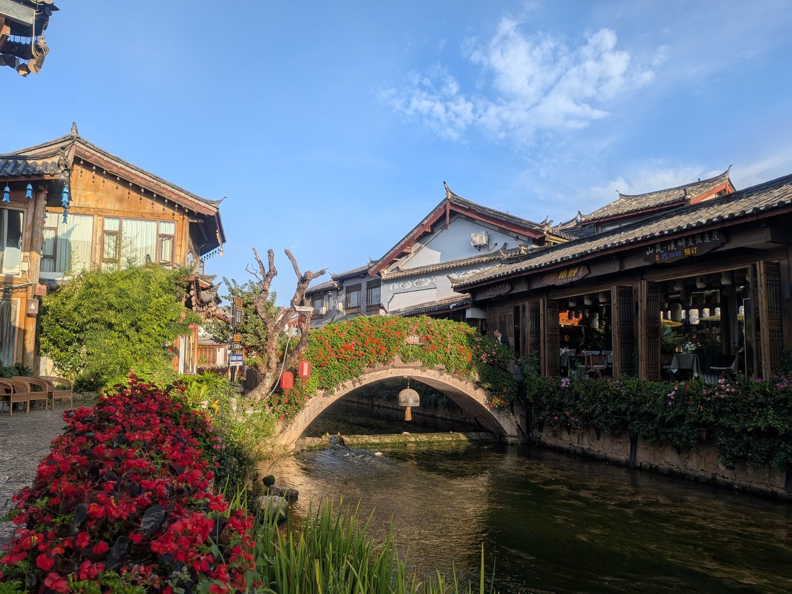 麗江古城の朝の小川と石橋